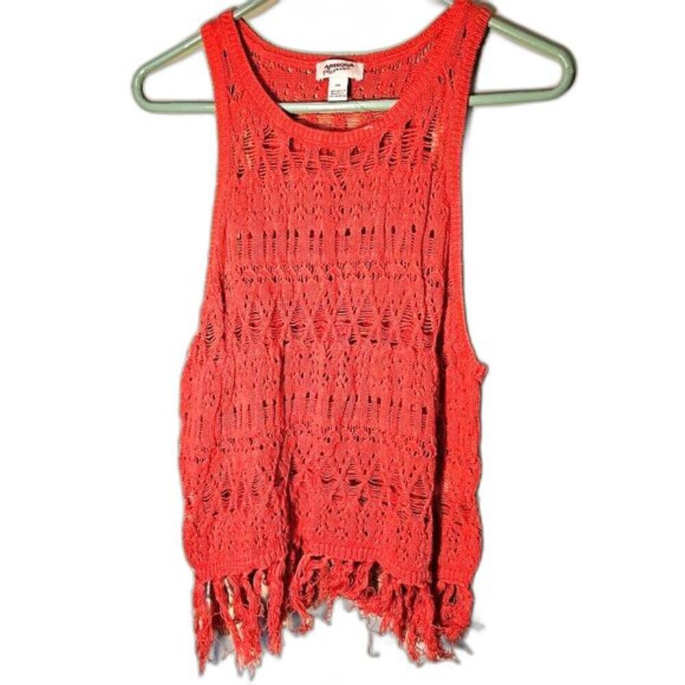 Arizona Jean Pink Crochet Fringe Tank‎ Top XXL Boho Open Knit Sleeveless Shirt